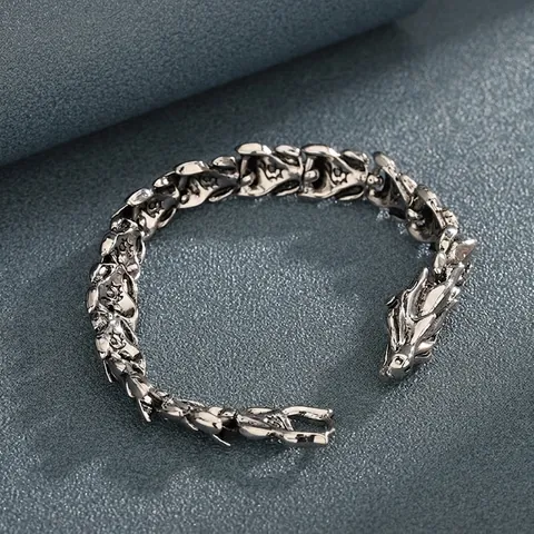 Bracelet de Quille en Alliage Vintage à Écailles de Dragon pour Hommes Femmes Style Chinois Bracelet à Chaîne de Tête de Dragon Bijoux