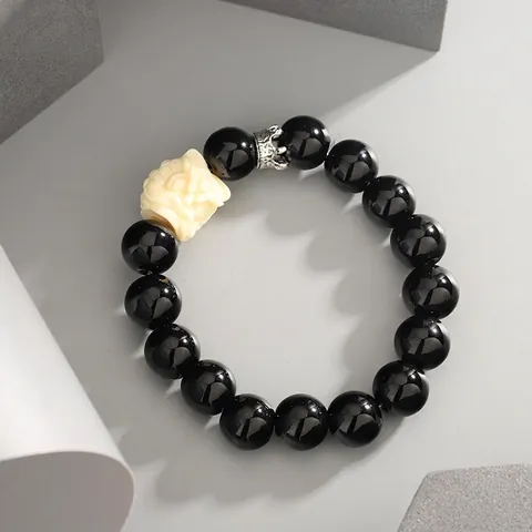 Handmade Black Glass Beaded Bracelet With Carved Dancing Lion And Silver Crown Retro Unisex Beaded Jewelry For Men Women