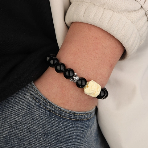 Lion Dance Beaded Bracelet Chinese Style Black Obsidian Style Glass Beads With Crown Charm Vintage Hand Jewelry For Men