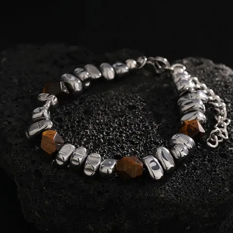 Retro Titanium Steel Spliced Tiger Eye Beaded Bracelet For Men Women New Chinese Style Minimalist Geometric Hand String Jewelry
