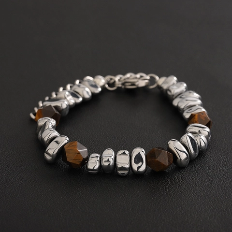 Retro Titanium Steel Spliced Tiger Eye Beaded Bracelet For Men Women New Chinese Style Minimalist Geometric Hand String Jewelry