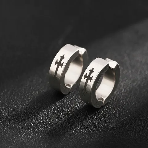 Unisex Gothic Cross Titanium Steel Non-Pierced Clip-On Hoop Earrings Punk Hip Hop Jewelry Silver Black Pattern Circle Ear Clips