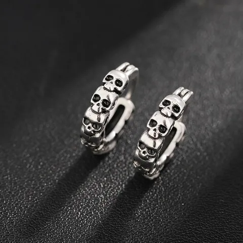 Vintage Copper Skull Hoop Earrings Punk Gothic Hip Hop Retro Silver Color Ear Buckle Jewelry For Men Women