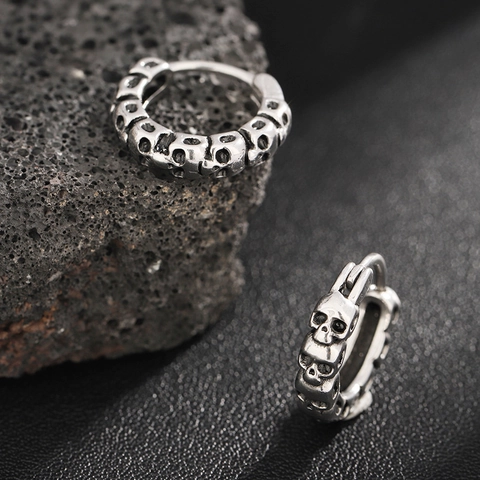 Vintage Copper Skull Hoop Earrings Punk Gothic Hip Hop Retro Silver Color Ear Buckle Jewelry For Men Women