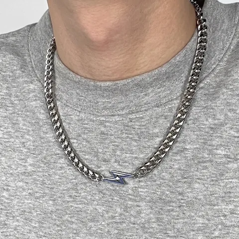 Collana con Pendente a Fulmine in Acciaio al Titanio Catena Cubana Argento Gioielli Strass Street Fashion Uomo Donna