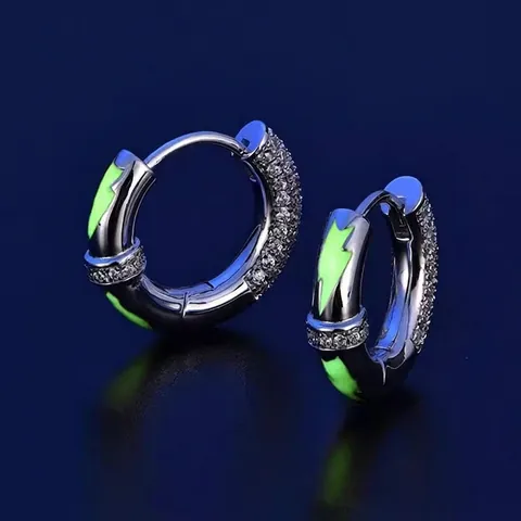 Hip Hop Luminous Lightning Huggie Hoop Earrings For Men Women Copper Pave Rhinestone Glow In The Dark Ear Jewelry Accessory