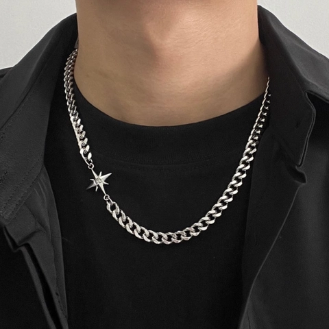 Collana con Ciondolo a Stella a Otto Punte in Acciaio al Titanio Catena Cubana Minimalista Hip Hop Punk Gioielli Unisex