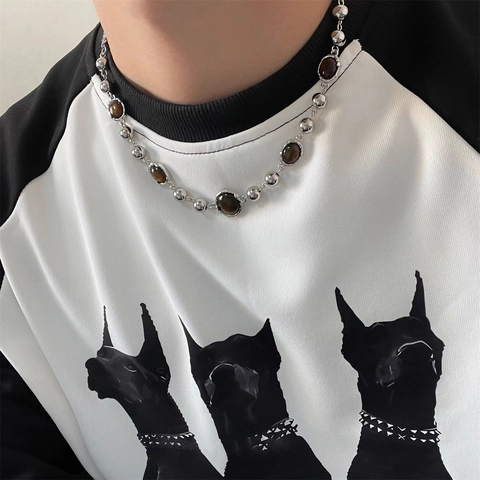 Vintage Alloy Tiger Eye Pendant Necklace Hip Hop Minimalist Steel Color Beaded Chain Necklaces For Men Women Fashion Jewelry