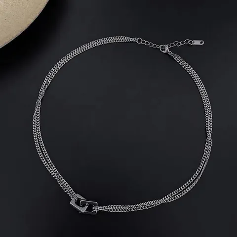 Titanium Steel Double Layered Necklace Retro Hip Hop Interlocking Geometric Rectangle Pendant Necklace Unisex Jewelry Accessory