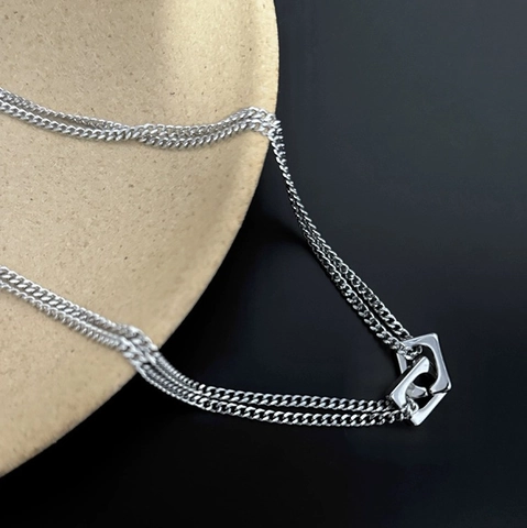 Titanium Steel Double Layered Necklace Retro Hip Hop Interlocking Geometric Rectangle Pendant Necklace Unisex Jewelry Accessory
