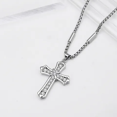 Collana con Pendente a Croce in Acciaio al Titanio con Zirconia per Uomo Donna Hip Hop Gothic Argento Gioielli Regalo