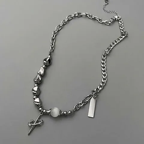 Stainless Steel Cross Star Pendant Necklace For Men Women Hip Hop Asymmetric Chain Rhinestone Artificial Pearl Streetwear Jewelry