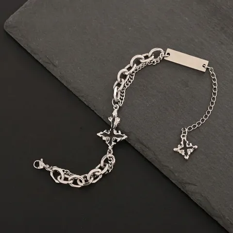 Punk Gothic Cross Pendant Double Layer Chain Bracelet Alloy Hip Hop Silver Color Adjustable Wristband Jewelry For Men Women