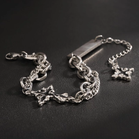 Punk Gothic Cross Pendant Double Layer Chain Bracelet Alloy Hip Hop Silver Color Adjustable Wristband Jewelry For Men Women
