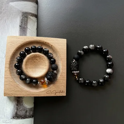 Bracelet en Perles d'Obsidienne Naturelle pour Hommes Femmes Anneau en Argent Couleur Contrastée Charme de Bête Mythique Pi Xiu Bijoux de Niche