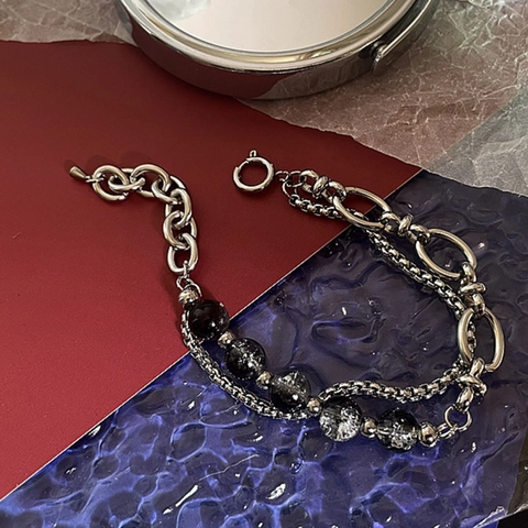 Bracciale a Doppio Strato in Acciaio al Titanio Hip Hop Uomo Donna Perla di Vetro Crepata Catena Geometrica Regolabile