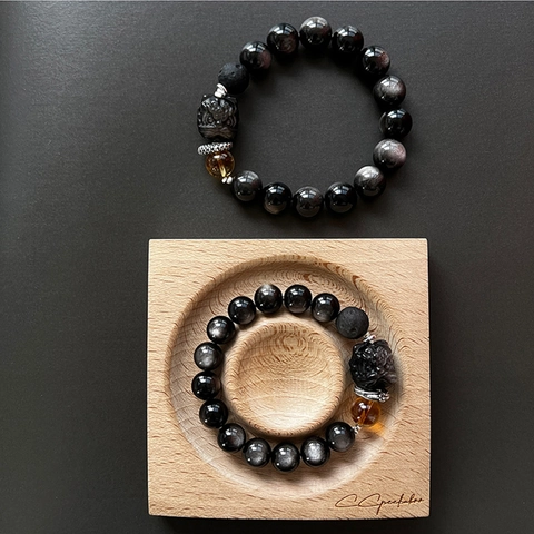 Bracelet en Perles d'Obsidienne Naturelle pour Hommes Femmes Anneau en Argent Couleur Contrastée Charme de Bête Mythique Pi Xiu Bijoux de Niche