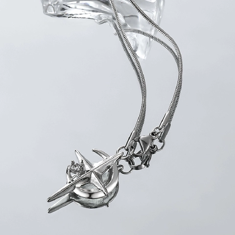 Collana con Pendente a Croce Stella Luna in Acciaio al Titanio con Pendente in Lega Strass e Catena a Serpente Unisex