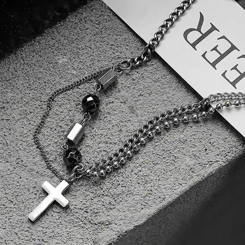 Double Layered Cross Pendant Necklace Titanium Steel Hip Hop Minimalist Jewelry For Men Women Versatile Steel Color Necklace