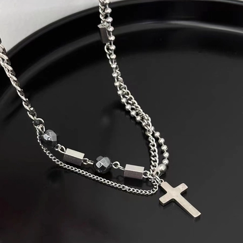 Double Layered Cross Pendant Necklace Titanium Steel Hip Hop Minimalist Jewelry For Men Women Versatile Steel Color Necklace