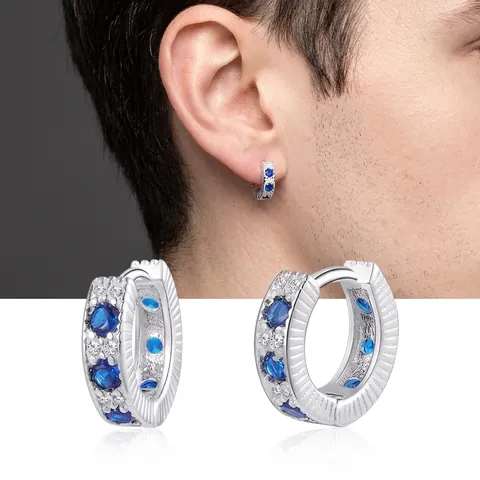 Luxury Silver Plated Blue Zirconia Huggie Hoop Earrings For Men Women Geometric U-shaped Sparkling Rhinestone Ear Buckle Jewelry