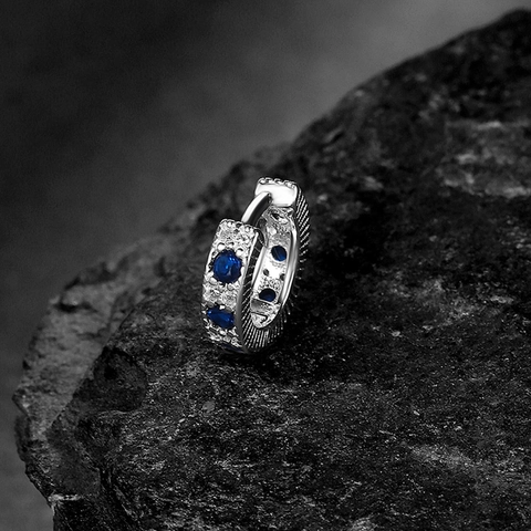 Luxury Silver Plated Blue Zirconia Huggie Hoop Earrings For Men Women Geometric U-shaped Sparkling Rhinestone Ear Buckle Jewelry