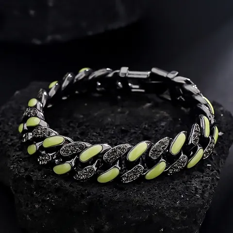 Hip Hop Titanium Steel Cuban Link Bracelet Unisex Neon Green Contrast Two Tone Rhinestone Inlaid Punk Jewelry Bracelet