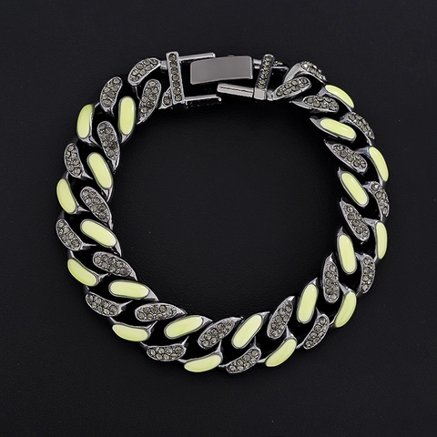 Hip Hop Titanium Steel Cuban Link Bracelet Unisex Neon Green Contrast Two Tone Rhinestone Inlaid Punk Jewelry Bracelet