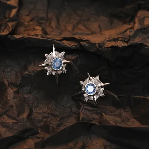 Vintage Eight Pointed Star Stud Earrings With Round Blue Zirconia Silver Plated Copper Hip Hop Starburst Earrings For Men Women Daily Jewelry