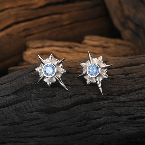 Vintage Eight Pointed Star Stud Earrings With Round Blue Zirconia Silver Plated Copper Hip Hop Starburst Earrings For Men Women Daily Jewelry