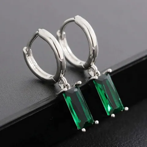 Vintage Versilbert Pfauengrün Rechteckig Edelstein Huggie Hoop Ohrringe Für Damen Herren Geometrisch Strass Schmuck