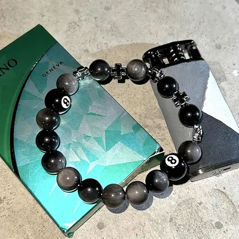 Bracciale in Ossidiana con Perline Uomo Street Style Biliardo Numero 8 Ciondolo Croce in Acciaio al Titanio Hip Hop Punk