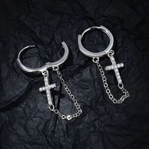 Orecchini Pendenti a Croce Placcati Argento Con Nappina a Catena Hip-Hop Strass Perno in Argento Sterling 925 Per Uomo Donna