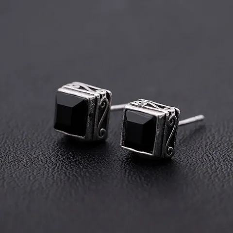 Vintage Square Black Zirconia Stud Earrings For Men Women Copper Cloud Pattern Geometric Inlaid Ear Jewelry Accessories