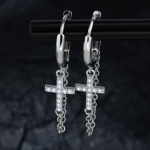 Orecchini Pendenti a Croce Placcati Argento Con Nappina a Catena Hip-Hop Strass Perno in Argento Sterling 925 Per Uomo Donna