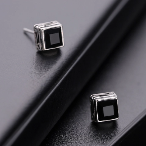 Vintage Square Black Zirconia Stud Earrings For Men Women Copper Cloud Pattern Geometric Inlaid Ear Jewelry Accessories
