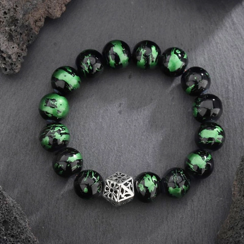 Vintage Handgemacht Türkis Perlenarmband Für Damen Herren Geometrische Hohle Silberperle Grün Schwarz Tinte Muster Handkette
