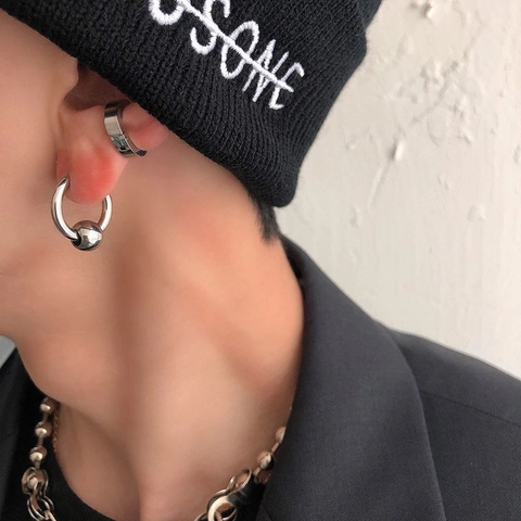 Minimalist Stainless Steel Silver Plated Round Bead Hoop Earrings For Men Women Unisex Hip Hop Street Jewelry
