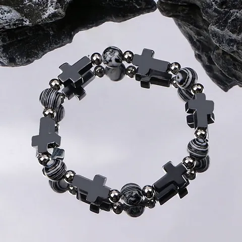 Gothic Cross Beaded Bracelet For Men Women Alloy Hip Hop Dark Style Versatile Accessory Black White Pattern Jewelry Gift