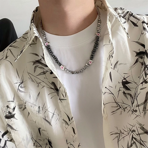 Punk Monster Auge Hämatit Perlen Halskette Gothic Schwarz Stein Legierung Anhänger Kette Für Herren Damen Unisex Schmuck