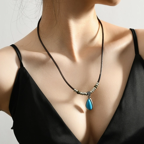 Vintage Bohemian Rindsleder Anhänger Halskette Für Damen Blau Wassertropfen Zinklegierung Charme Ethnisch Schmuck Handgefertigt