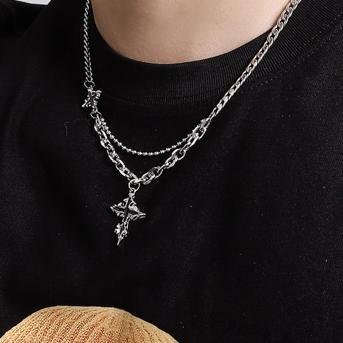 Titaniumstaal Kruispatroon Splicing Meerlagige Ketting Hip Hop Punk Gothische Stijl Legering Hanger Sieraden Accessoire Unisex