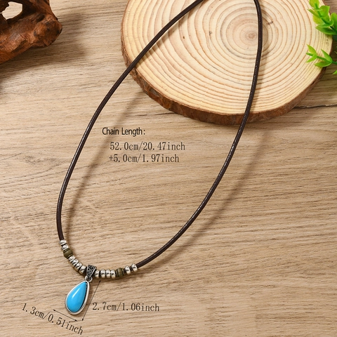 Vintage Bohemian Rindsleder Anhänger Halskette Für Damen Blau Wassertropfen Zinklegierung Charme Ethnisch Schmuck Handgefertigt