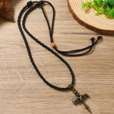 Collana con Ciondolo a Croce in Lega Vintage da Donna Gothic Punk Nera in Corda Intrecciata in Pelle PU Gioielli