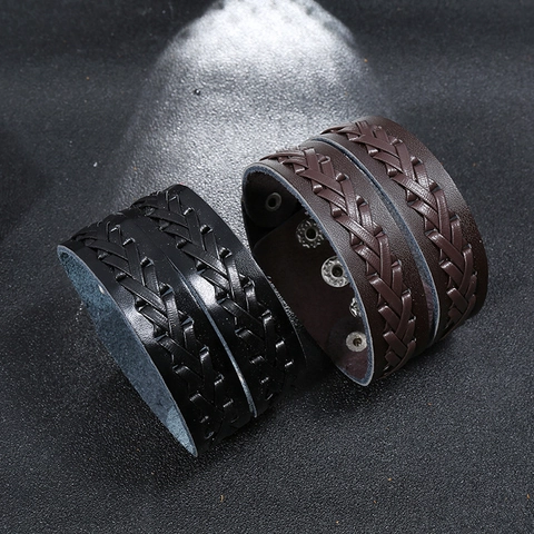 Herren Vintage Punk Geflochtenes Lederarmband Breites Mehrlagiges Wickelarmband Mit Verstellbaren Metalldruckknöpfen Casual Modeschmuck