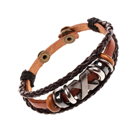 Punk Vintage Leder Geflochten Armband Mit Legierung X Charme Mehrlagig Rock Stil Verstellbar Schmuck Geschenk Für Herren Damen