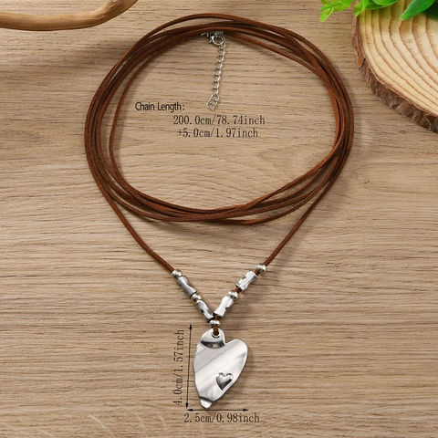 Vintage Heart Pendant Necklace Bohemian Alloy Hammered Heart Long Sweater Chain Brown Suede Cord Necklace For Women
