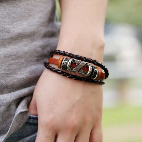 Punk Vintage Leder Geflochten Armband Mit Legierung X Charme Mehrlagig Rock Stil Verstellbar Schmuck Geschenk Für Herren Damen
