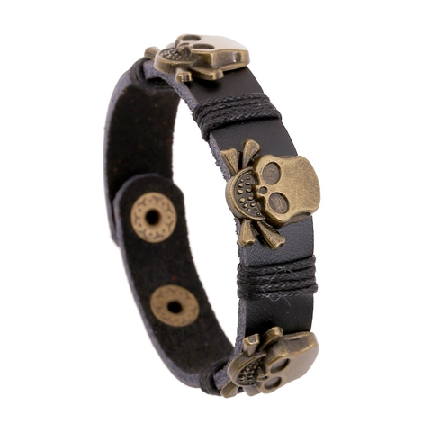 Bracciale in Vera Pelle di Vacchetta Punk Rock Con Ciondoli in Lega Retro Braccialetto Regolabile Con Bottoni a Pressione per Uomo Donna