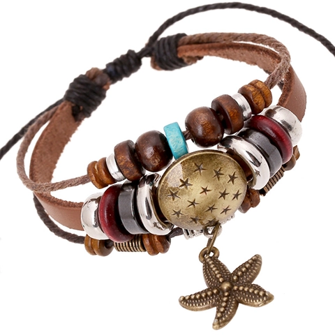 Men Vintage Cowhide Leather Bracelet Bohemian Multi Layer Braided Wood Beads Starfish Pendant Adjustable Punk Wristband Gift